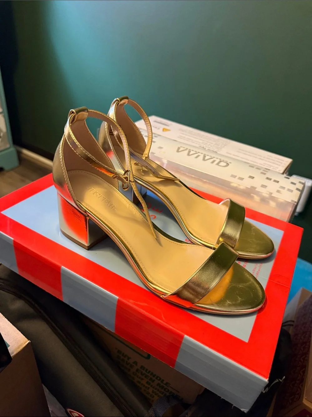 Metallic Gold Block Heel Ankle-Strap Sandals